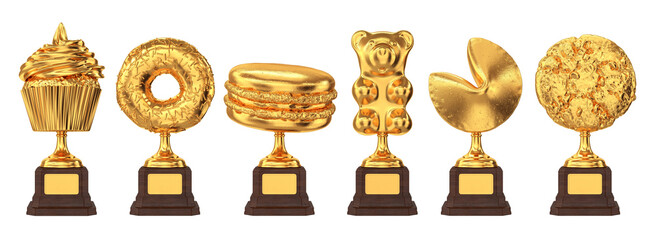 Set of golden trophies confectionery cupcake, donut, cookies, macaroon, gummy bear, 3d render