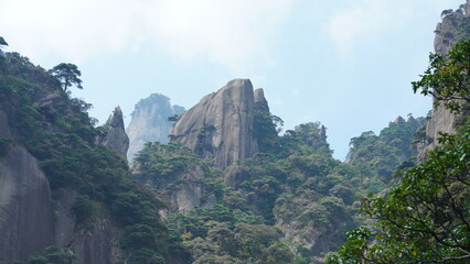 The beautiful mountains landscapes with the green forest and the erupted rock cliff as background...