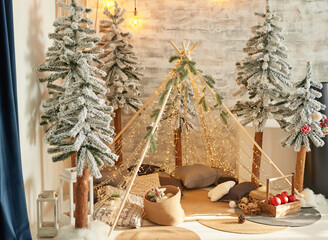 Christmas decor vintage. Christmas tree and gifts. Cozy winter morning