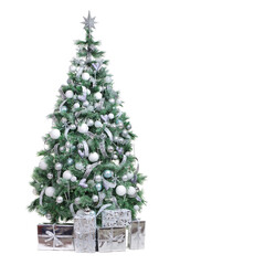 Big beautiful Christmas tree decorated with silver ornaments