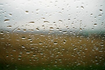 Glasscheibe mit Regentropfenmuster vor Ackerfeld und Himmel bei Regen am Mittag im Herbst