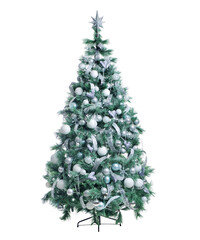 Christmas tree with silver and white ornaments isolated on white background