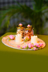 Indian festival dipawali celebration - a beautiful Diwali box with traditional design containing dry fruits with cashew, raisin and almond