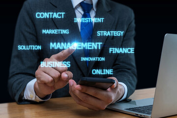 business people hand pointing on virtual graphic screen diagram with mobile smart phone, internet security, document management system, internet network security, digital business technology concept