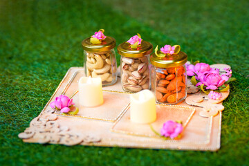 Indian festival dipawali celebration - a beautiful Diwali box with traditional design containing dry fruits with cashew, raisin and almond