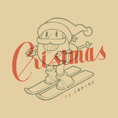 Santa ski. Cute Santa Claus cute mascot riding skis downhill. Vintage typography silkscreen t-shirt print vector illustration.
