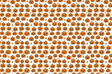 A collection of grinning Halloween carved pumpkins, illustrations of many similar objects, tiled and repeated. White background.
