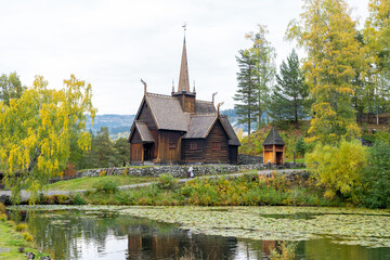 Lillehammer, Norway - September 28, 2022: The Garmo Stave Church at Maihaugen Open-Air Museum in...