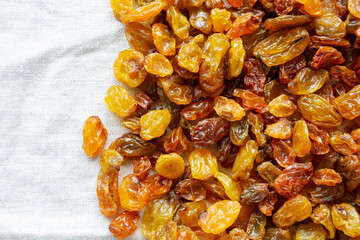Organic Dried Raisins, top view. Copy space.