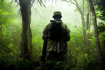 A soldier in unfiorm alone in a green jungle - obrazy, fototapety, plakaty