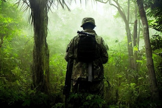 A soldier in unfiorm alone in a green jungle