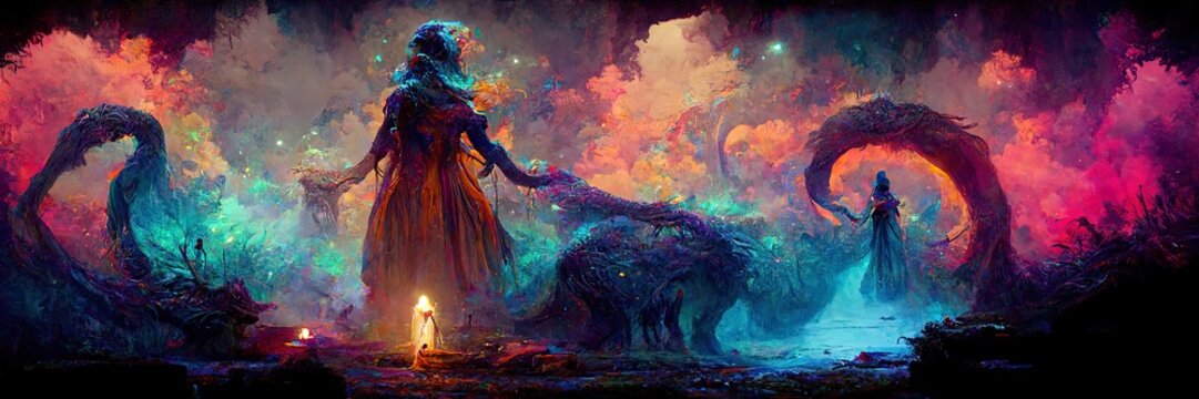 Mage woman summoning a giant creature. Colorful Landscape. 3D illustration. Digital Painting