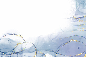 Pastel cyan mint liquid marble watercolor background with gold lines and brush stains. Teal turquoise marbled alcohol ink drawing effect. Vector illustration backdrop, watercolour wedding invitation.