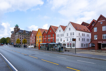 
Bergen, Norway - October 10, 2022: Colorful Bryggen Hanseatic Wharf (Tyskebryggen) in Bergen,...
