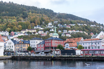 Fototapeta na wymiar View of Bergen at the eastern side of the Vagen harbor. Bergen is a city on Norway’s southwestern coast.