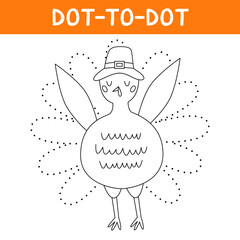 Connect the dots and draw cute pilgrim turkey. Bird animal character wearing a pilgrims hat. Printable worksheet. Educational game for kids.