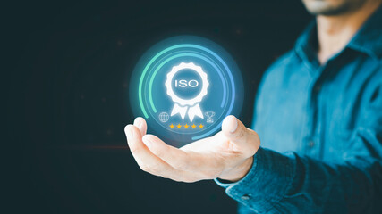 Hand shows the sign of the top service, Quality Assurance  Control Concept showing certified standard process product warranty and quality improvement technology for ISO satisfaction of the customer.