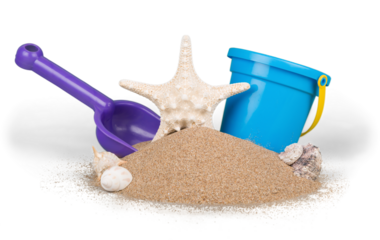 Toy Bucket and Shovel with Sand and Seashells