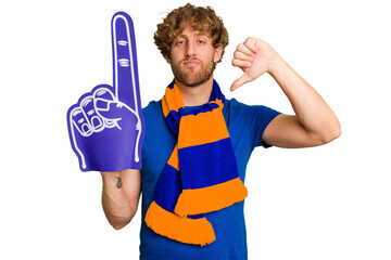 Young caucasian sports fan man isolated on white background showing a dislike gesture, thumbs down....