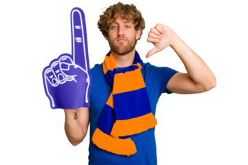 Young caucasian sports fan man isolated on white background showing a dislike gesture, thumbs down. Disagreement concept.