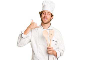 Young cook man isolated on white background showing a mobile phone call gesture with fingers.