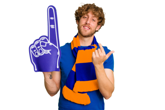 Young caucasian sports fan man isolated on white background pointing with finger at you as if inviting come closer.