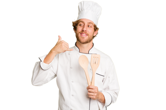 Young cook man isolated on white background showing a mobile phone call gesture with fingers.