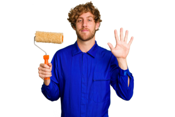 Young painter man holding a roll isolated on white background smiling cheerful showing number five with fingers.