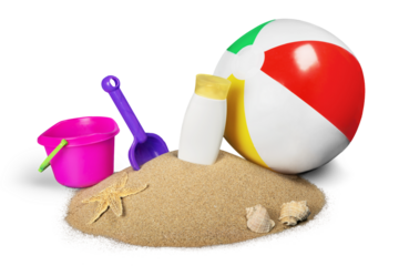 Sand with Beach Ball, Sun Cream and Toy Bucket
