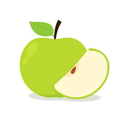 Green Apple. Bright vector set of colorful half, slice and segment of juicy green apple. Cartoons apples on a white background.