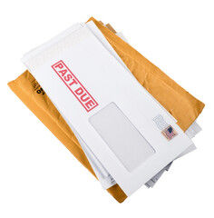 Pile of envelopes with overdue utility bills isolated on white