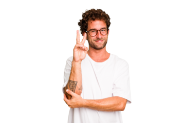 Young caucasian curly hair man isolated Young caucasian man with curly hair isolated showing number two with fingers.