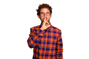 Young caucasian curly hair man isolated Young caucasian man with curly hair isolated keeping a secret or asking for silence.