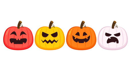 Pumpkin head set. Cute and scary halloween pumpkin monster set. Holidays cartoon character in flat style collection.