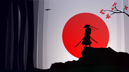 silhouette of a samurai in the night background. Japanese samurai warrior with a sword. Samurai with red moon walpaper. red moon. japanese theme walpaper.