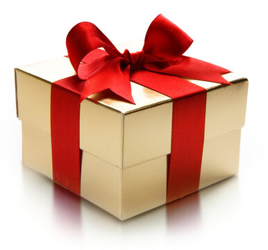 Art Isolated gift golden box with a red bow on a white background; transparent background