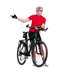 Naklejka premium Cyclist in a white studio pointing to the side