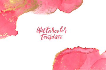 Red watercolor clouds with golden glitter design template.