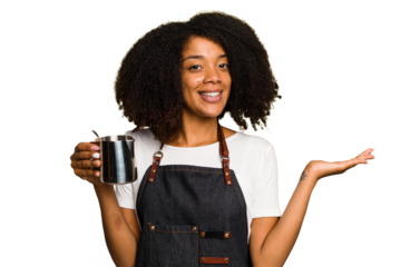 Young African American woman barista isolated showing a copy space on a palm and holding another hand on waist.
