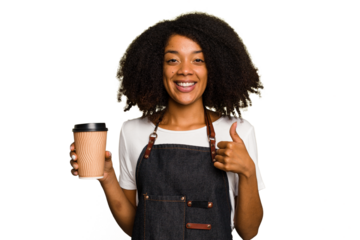 Young african american woman barista holding a takeaway coffee smiling and raising thumb up