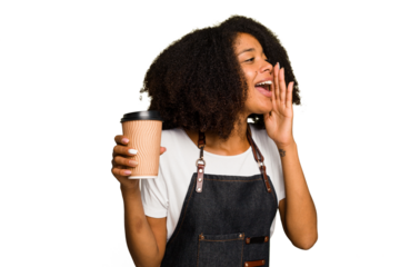 Young african american woman barista holding a takeaway coffee shouting and holding palm near opened mouth.