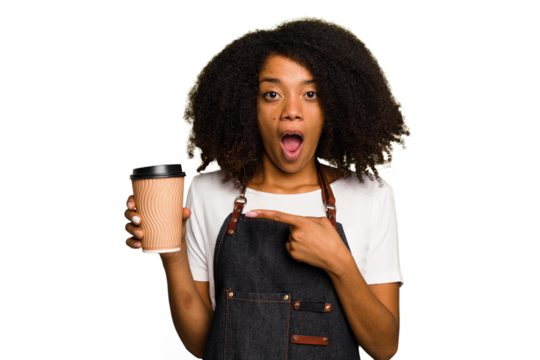 Young african american woman barista holding a takeaway coffee pointing to the side