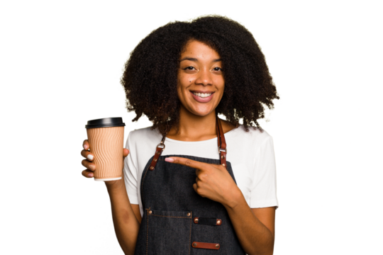 Young african american woman barista holding a takeaway coffee smiling and pointing aside, showing something at blank space.