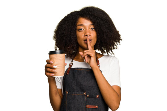 Young african american woman barista holding a takeaway coffee keeping a secret or asking for silence.