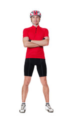 full length portrait of a standing cyclist in a white studio