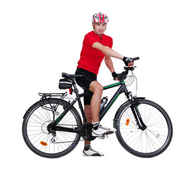 Full length side view picture of a cyclist sitting on his bicycle