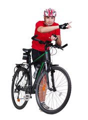 Fototapeta premium Full lngth picture of a cyclist pointing to the copy space area