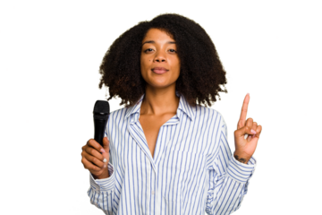 Young African American singer woman holding a microphone isolated showing number one with finger.