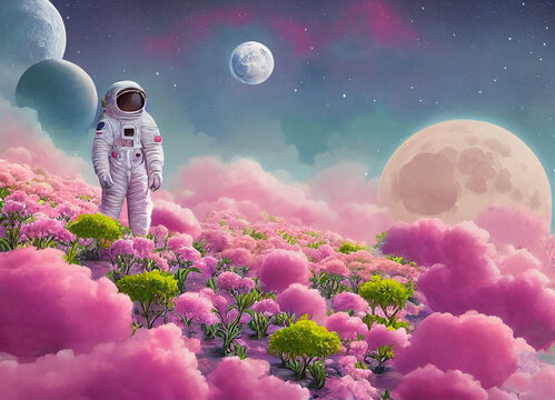 astronaut on beautiful pink planet with lush vegetation and flowers, digital art