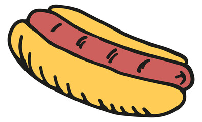 Hot dog color doodle. Fast food icon